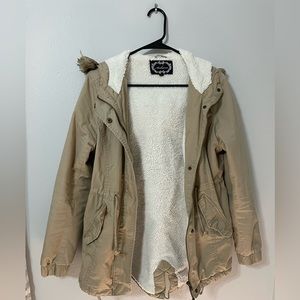 Tan lightweight parka jacket with fur lined hood
